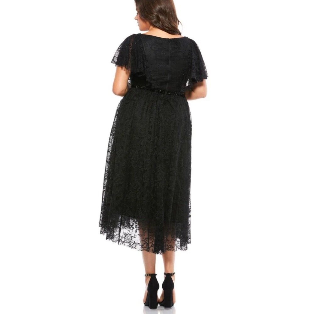 Mac Duggal Lace V-Neck Beaded Tea Length‎ Midi Cocktail Dress Black Size 14W - Picture 2 of 15